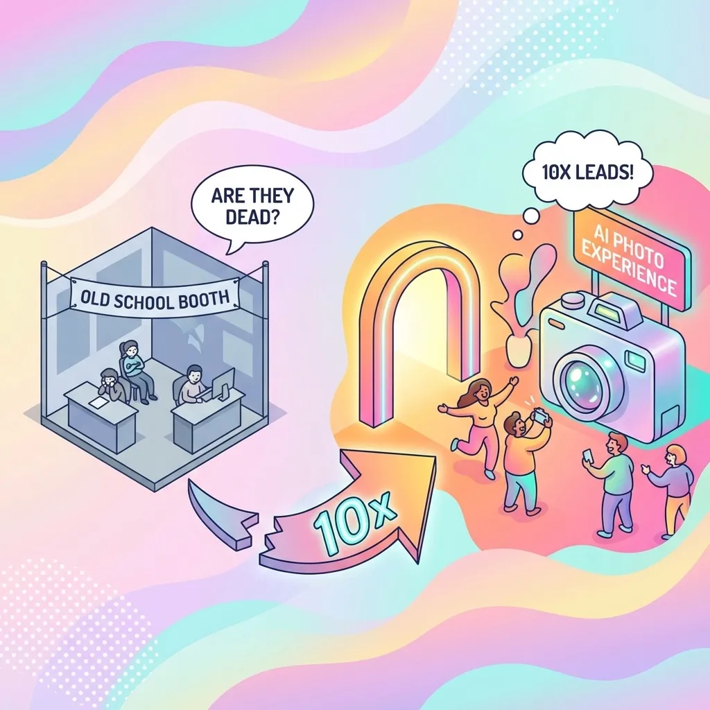 Comparison infographic showing old-school trade show photo booth on left with speech bubble 'Are they dead?' versus AI photo booth experience on right with 10x leads callout, connected by 10x growth arrow