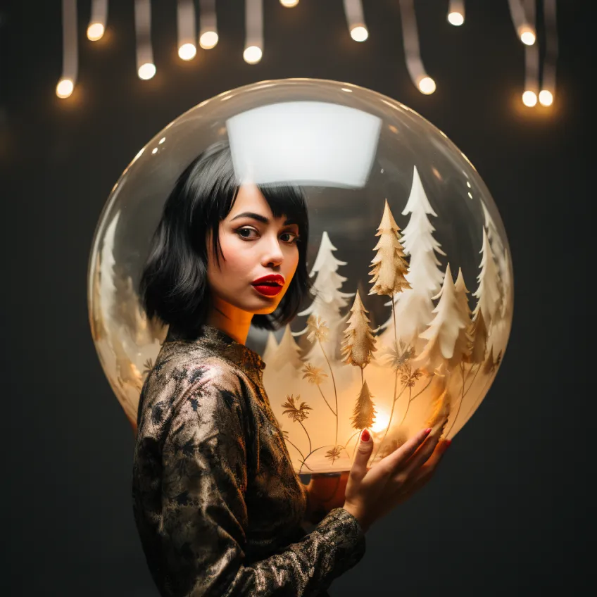 Woman with black bob hair and red lips holding a glowing globe containing a winter forest scene with illuminated trees, surrounded by hanging string lights