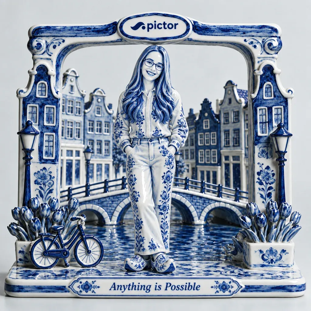 AI Photo Transformation: Delft Porcelain Portrait AI-generated portrait of a guest as a Delft blue porcelain figurine standing in an Amsterdam canal scene