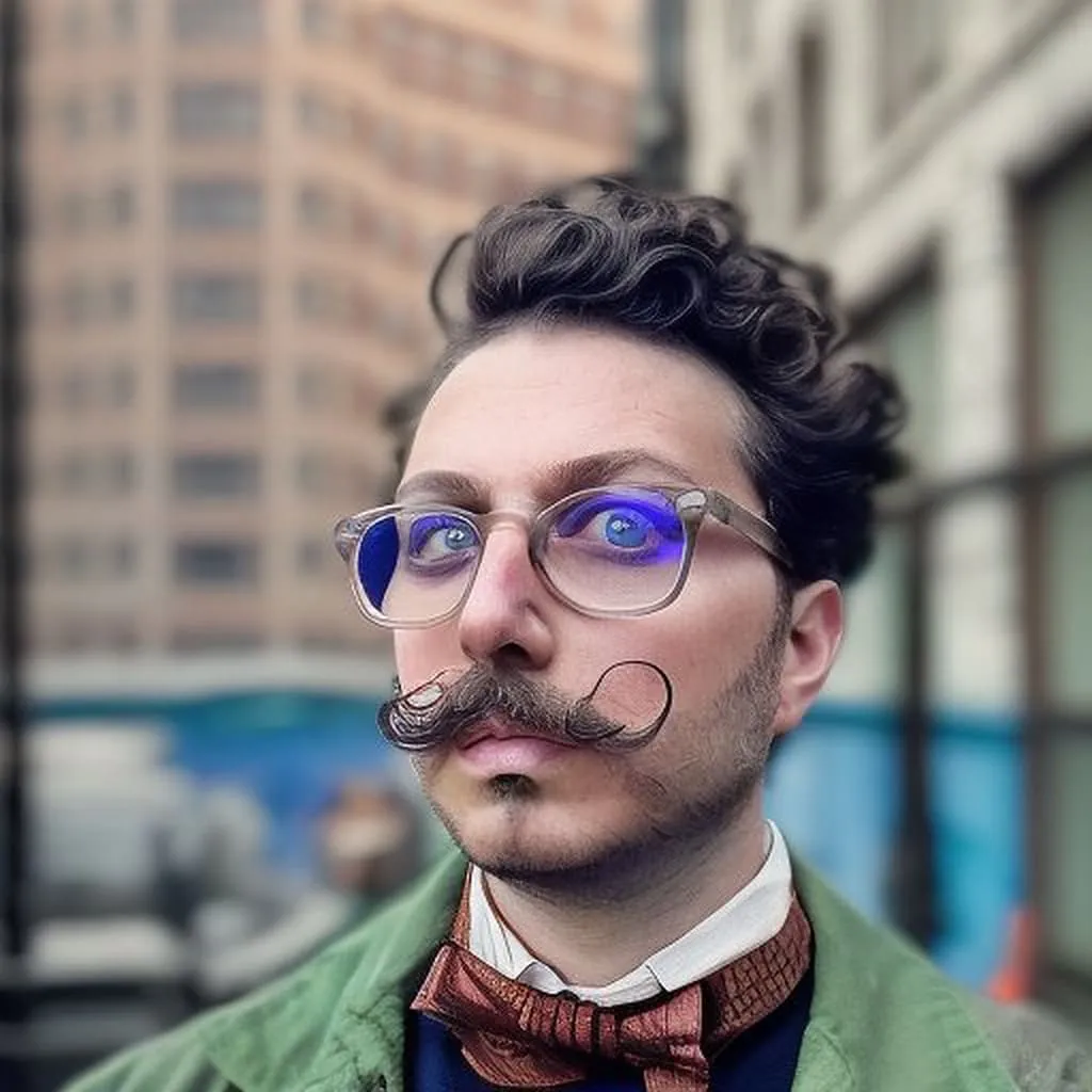 AI portrait — city street photorealistic style Photorealistic AI photo booth portrait of a man with blue-tinted glasses and bow tie on a blurred city street