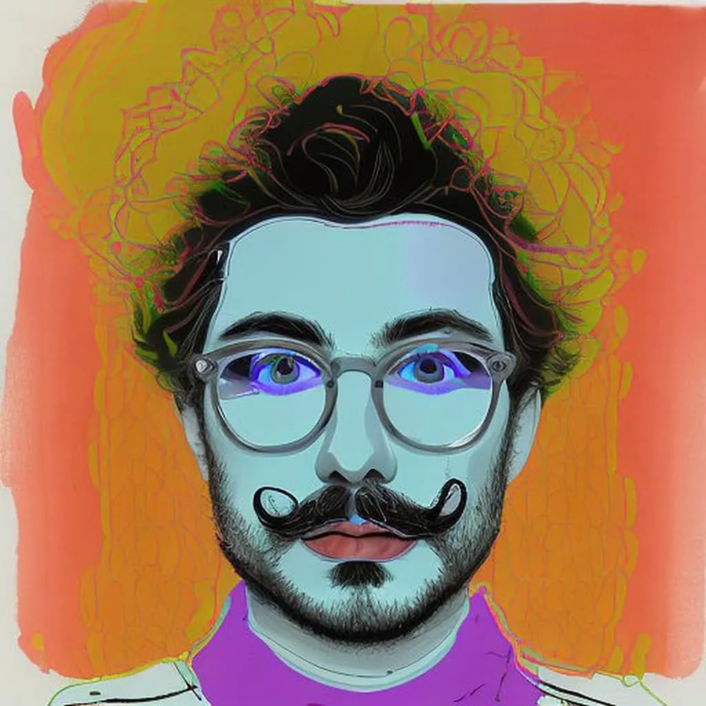 AI portrait — graphic scribble style Graphic-art AI photo booth portrait with pale blue skin and purple shirt on an orange scribbled background