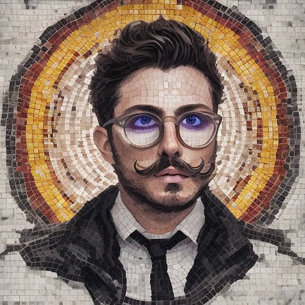 Mosaic Portrait with Golden Halo AI photo booth portrait with mosaic halo background, man with glasses and mustache