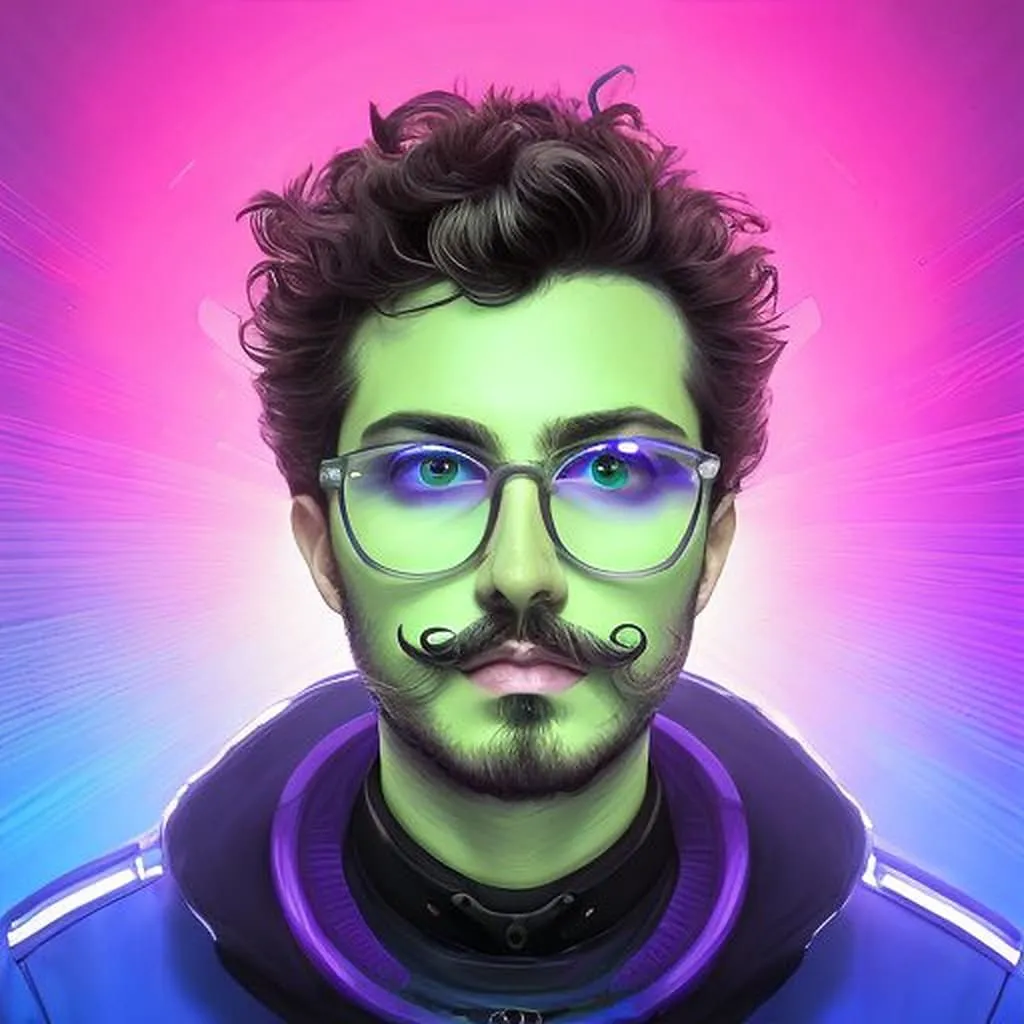 AI portrait — neon cyberpunk style AI photo booth portrait in neon cyberpunk style with green-lit skin, glasses, and glowing pink backdrop