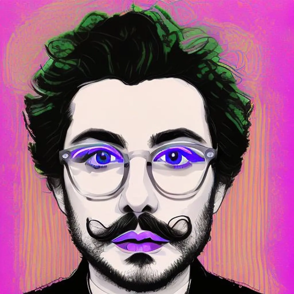 AI portrait — pop-art style Pop-art AI photo booth portrait with purple lips and glasses on a hot pink and green striped background