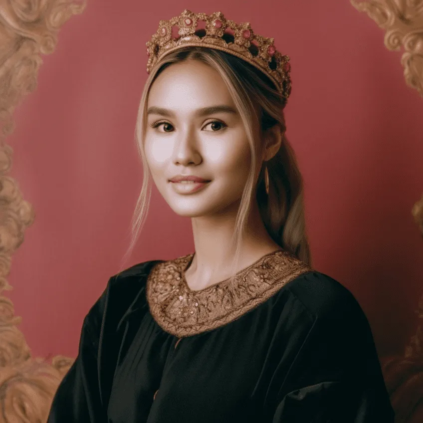 Woman wearing ornate gold crown and black dress with gold embroidered neckline against rose background