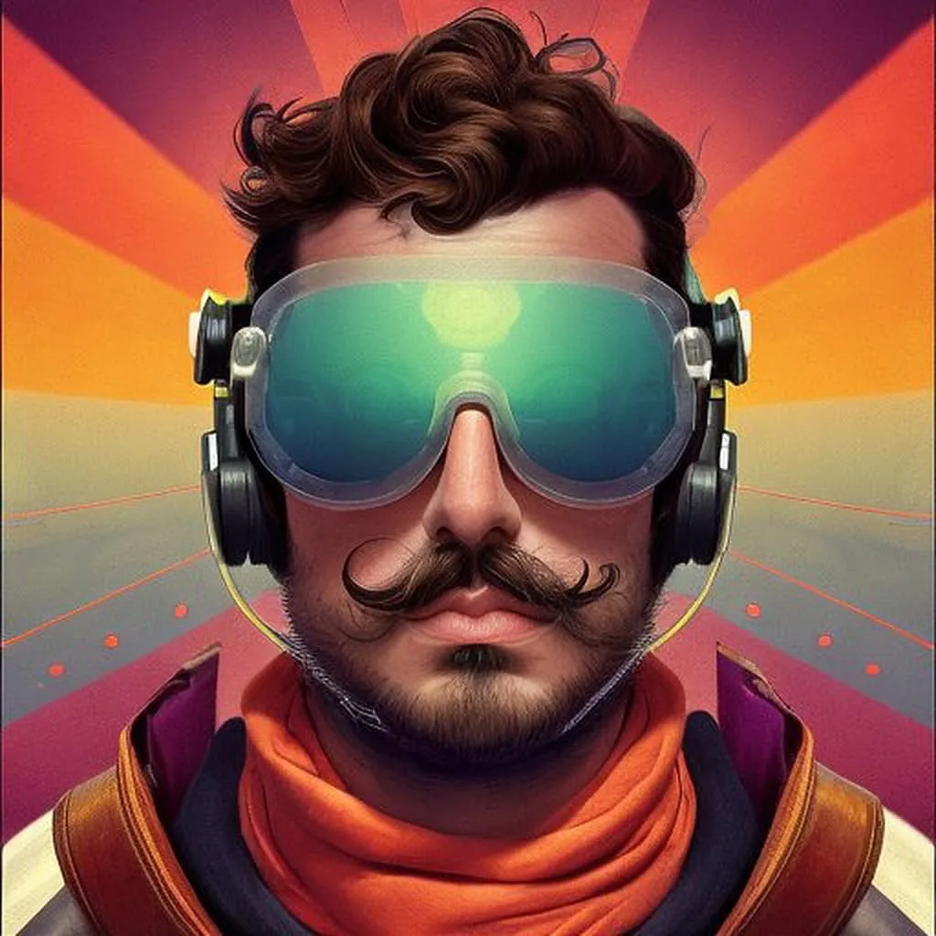 AI portrait — retro-futurist aviator style Retro-futuristic AI photo booth portrait of a man in aviator goggles and orange scarf on a warm sunburst backdrop