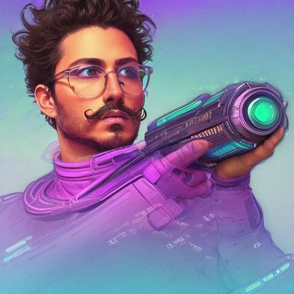 AI portrait — sci-fi gadget style Sci-fi AI photo booth portrait of a man in a purple suit holding a futuristic device with a glowing green lens