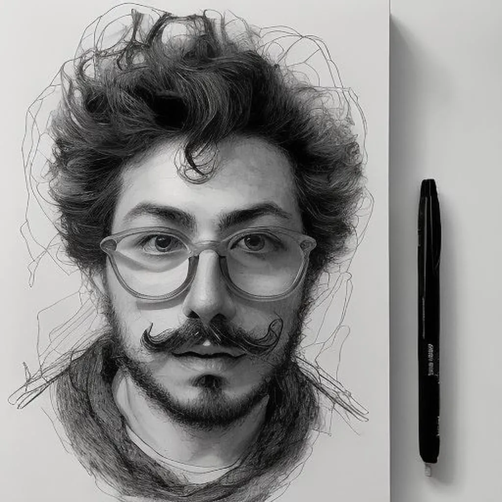Sketch Portrait with Pen Male face sketch with glasses and mustache, pen prop beside