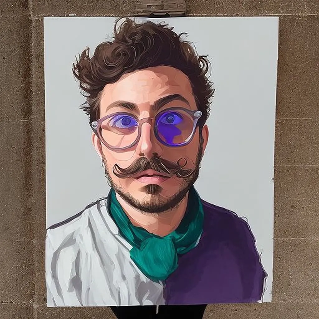 AI-Generated Artistic Portrait with Character AI-generated portrait with curled hair, round glasses with purple lenses, mustache and teal scarf