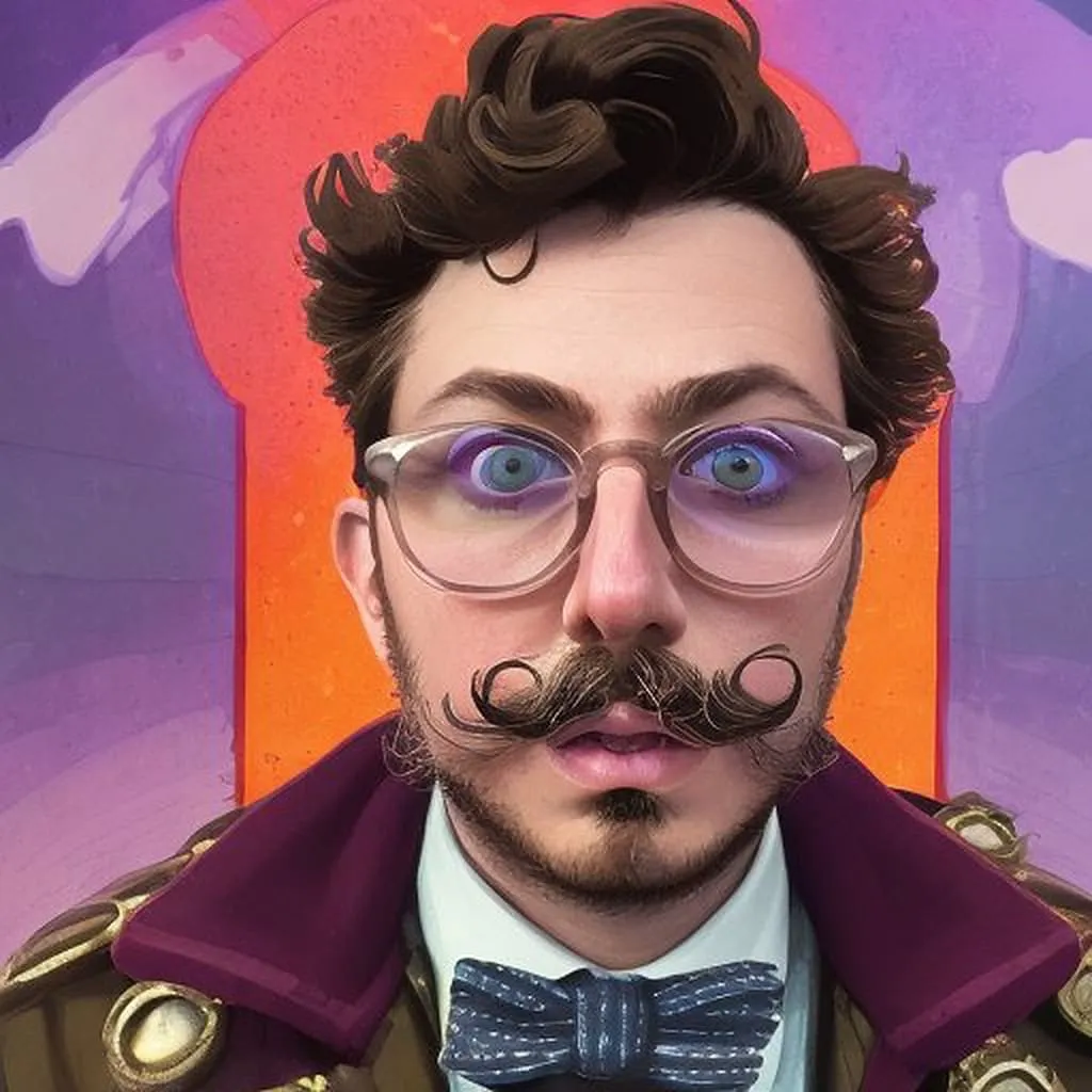 Stylized AI Portrait with Vintage Flair AI-generated stylized portrait with twirled mustache, ornate glasses, and purple velvet jacket