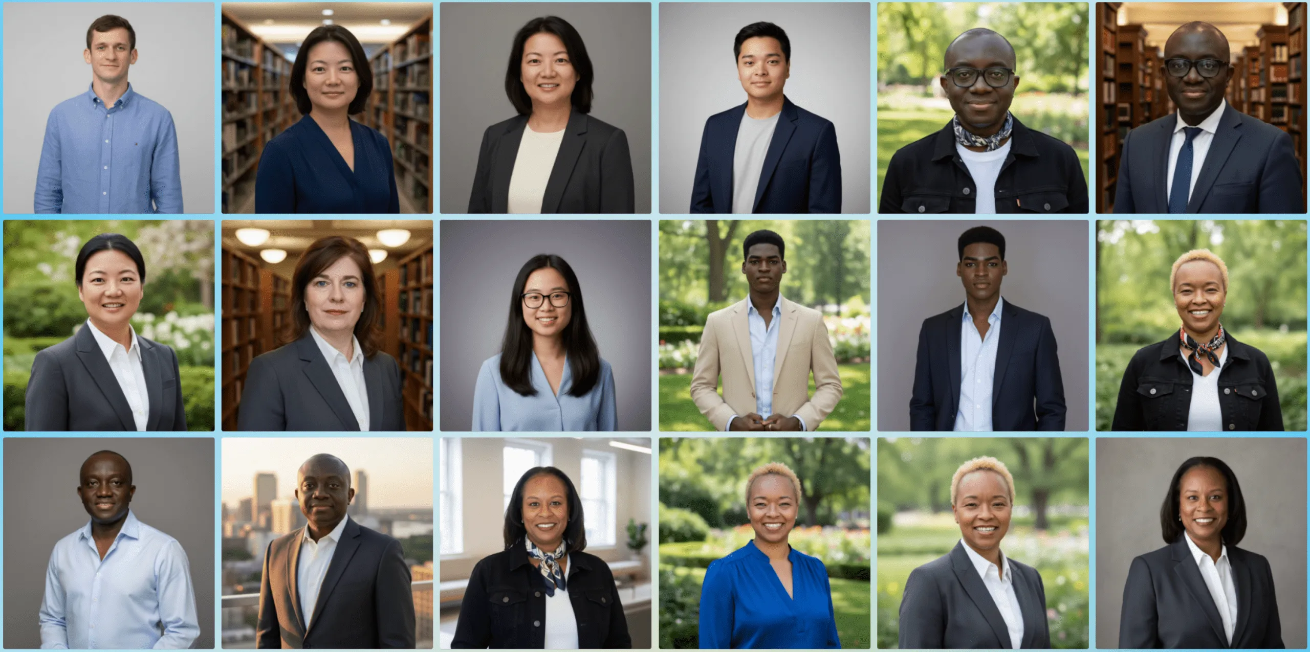AI-Generated Professional Headshots Grid of diverse professional AI-generated headshots with varied backgrounds