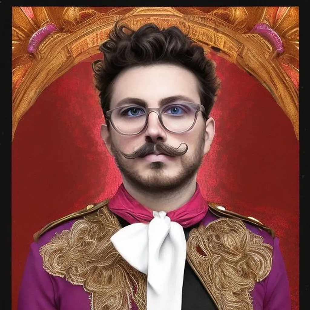 AI-Generated Royal Portrait with Ornate Styling Man in purple jacket with gold embroidery, pink cravat, glasses, and curled mustache before ornate red arch