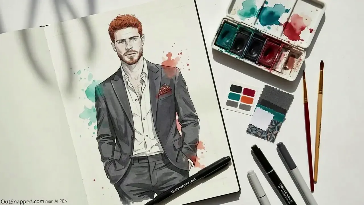 AI Sketch Experience Watercolor Portrait Watercolor-style AI sketch portrait of a man in a grey suit being finished with a paintbrush in a sketchbook