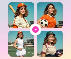Four AI-generated portrait photos showing woman in different sports themes: baseball, soccer, tennis, bowling