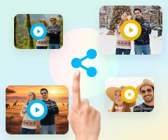 AI video booth transformation showing couple in multiple cinematic video backgrounds with play buttons