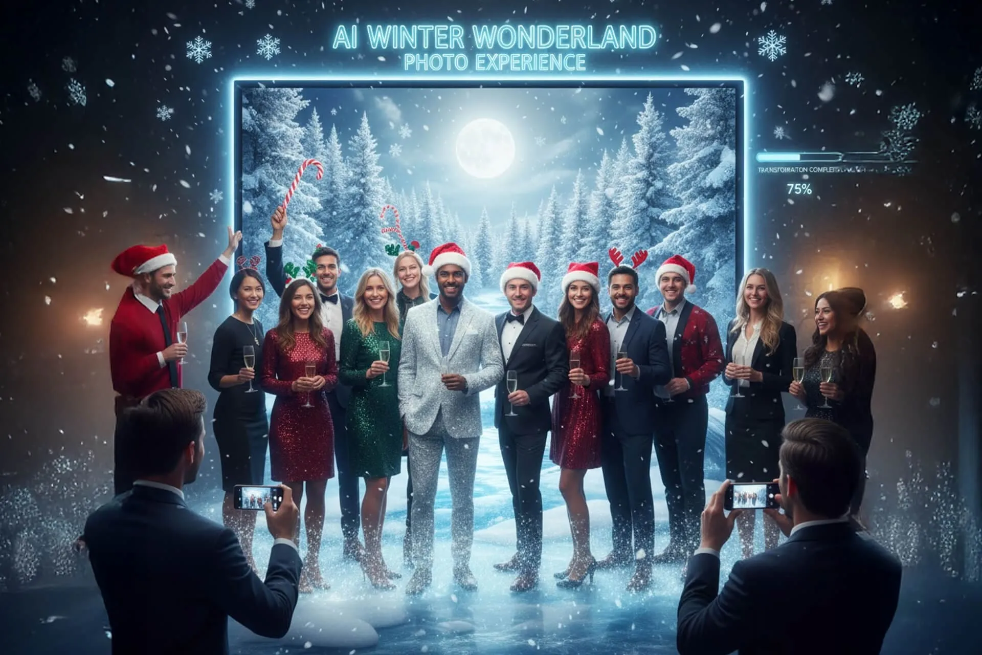 Group of people in holiday attire posing in front of AI-generated winter forest backdrop with snow, labeled 'AI Winter Wonderland Photo Experience,' while guests photograph them with phones