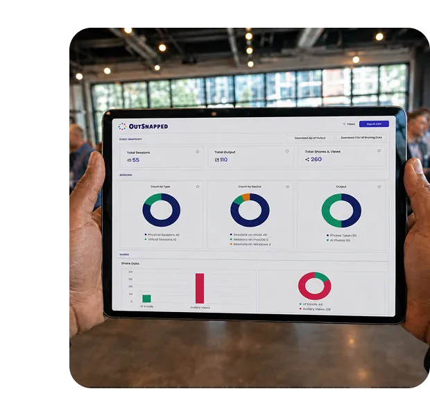 Real-time event analytics dashboard OutSnapped analytics dashboard displayed on tablet showing event metrics and data