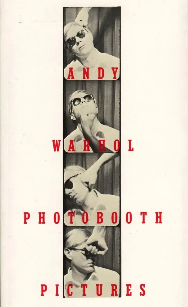 Andy Warhol Photobooth Pictures book cover featuring four sequential black-and-white self-portraits of Warhol wearing sunglasses, with red typography overlaid