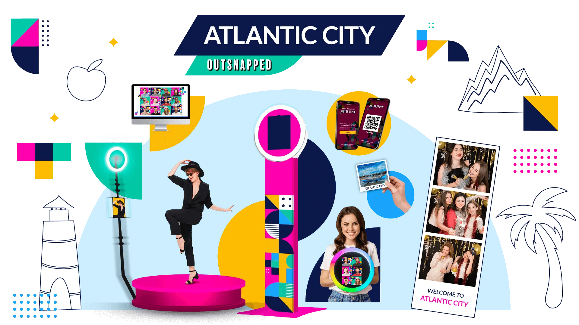 OutSnapped photo booth rental scene for Atlantic City featuring colorful AI and 360 booths, event guests posing, photo strips, and branded graphics