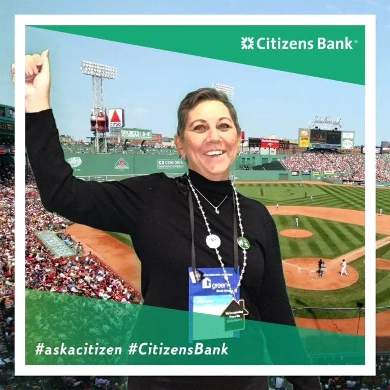Conference attendee with fist pump pose in Citizens Bank photo frame