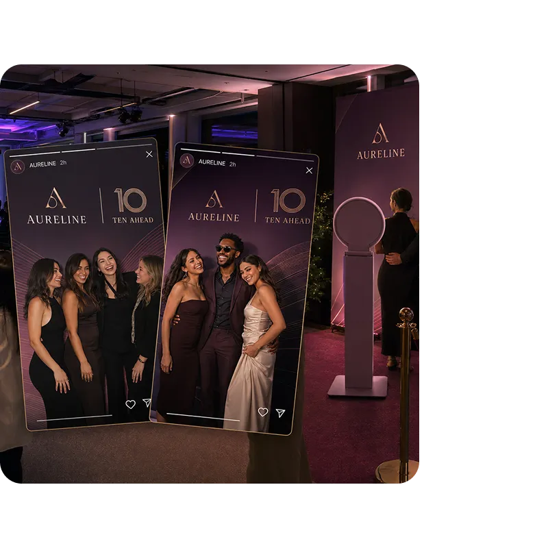 AURELINE 360 Photo Booth Event Activation Aureline 10-year anniversary celebration with roaming photo booth displaying guest photos on large screens in elegant purple-lit venue