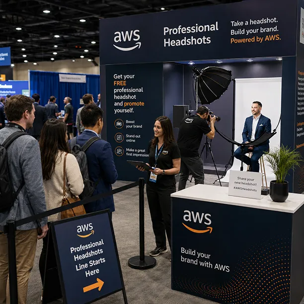 Live Conference Photo Booth AWS Professional Headshots booth at trade show with photographer, lighting equipment, and attendees waiting in line for headshots