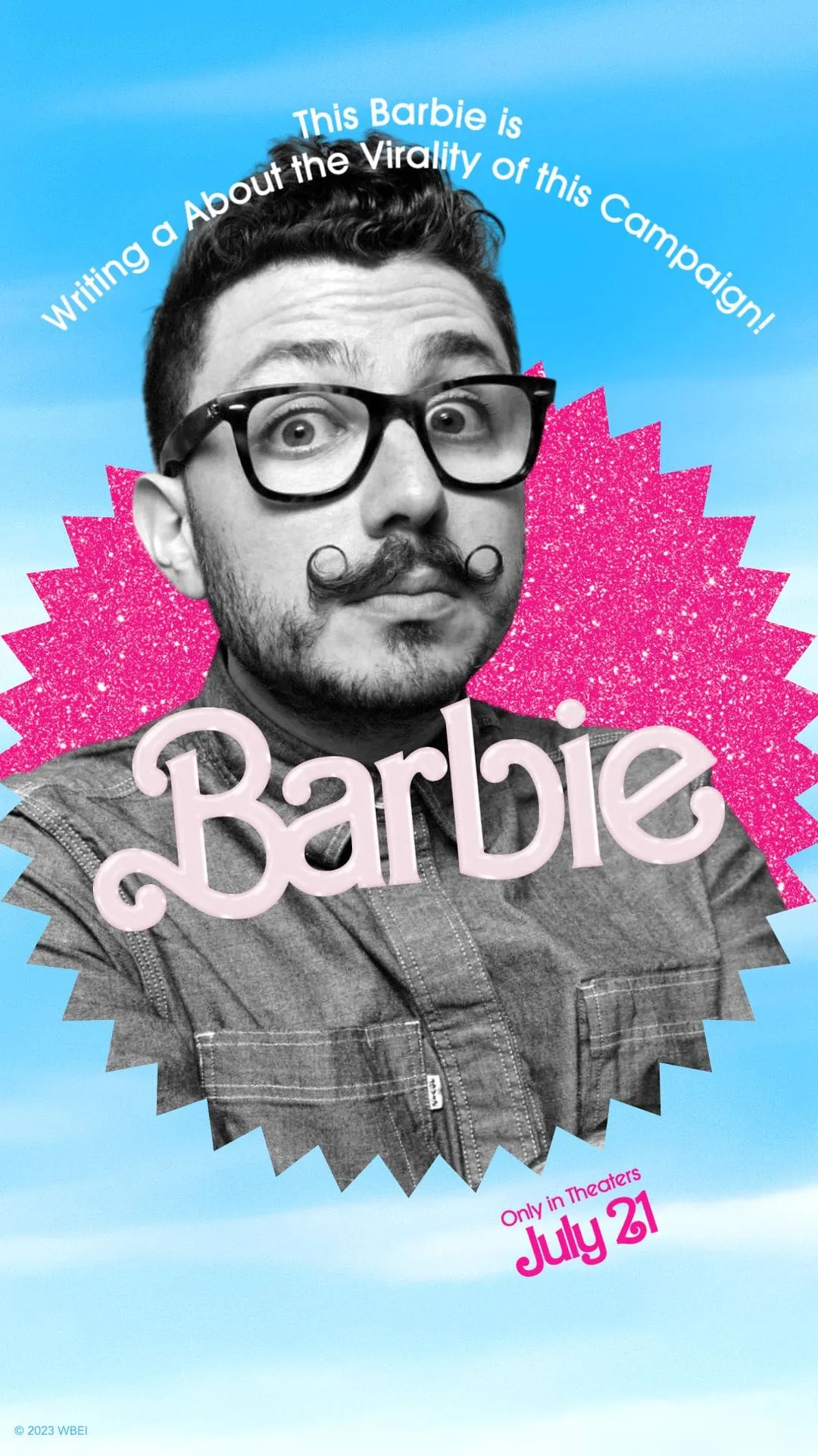 Man with exaggerated mustache and black glasses wearing denim shirt, surrounded by hot pink starburst, Barbie movie poster-style graphic with blue sky background