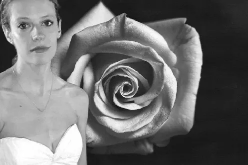 Classic Black & White Rose Green Screen Bride in profile beside large black and white close-up photograph of blooming rose