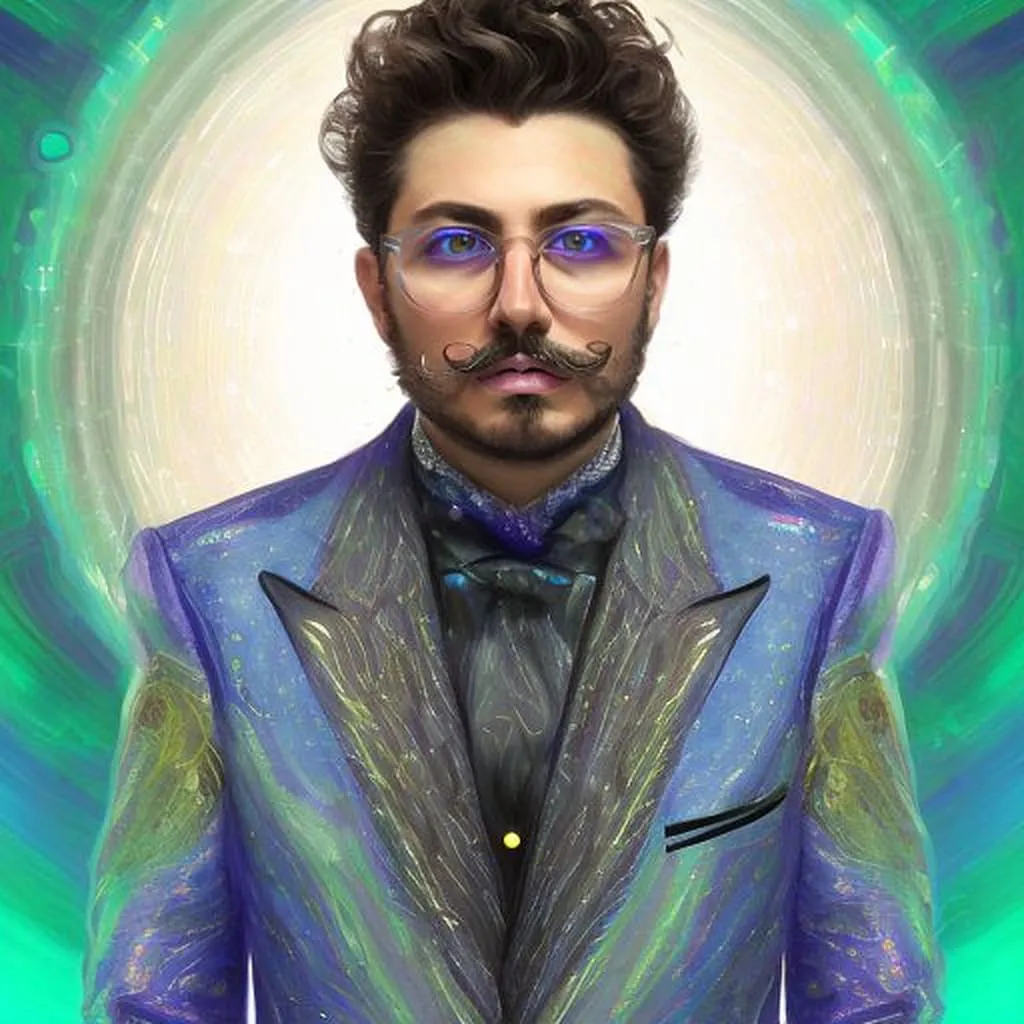Iridescent Blue Jacket Formal Portrait Man with blue-tinted glasses in shimmering iridescent blue jacket, glowing green halo backdrop