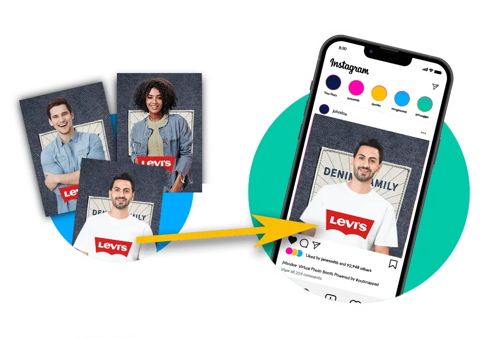 Social Media Sharing from Branded Photo Booth Branded photo booth prints shared to Instagram on mobile device