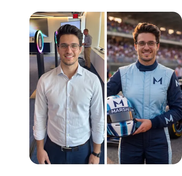 Brand Activation Transformation: Before and After Example Man in white shirt with circular photo booth display, and same man in stylized racing persona