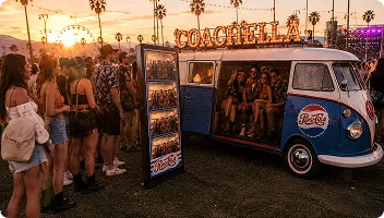 Festival Photo Booth Activation Roaming photo booth at outdoor festival with guests queuing, palm trees and Coachella sign visible at sunset
