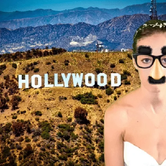 Bride with Hollywood sign and disguise effect Bride with Hollywood sign and novelty disguise props