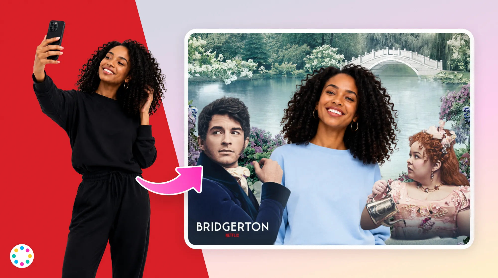 Bridgerton Virtual Photo Booth Portrait Transformation Before-and-after transformation showing a participant taking a selfie with their phone and the finished Bridgerton-inspired portrait