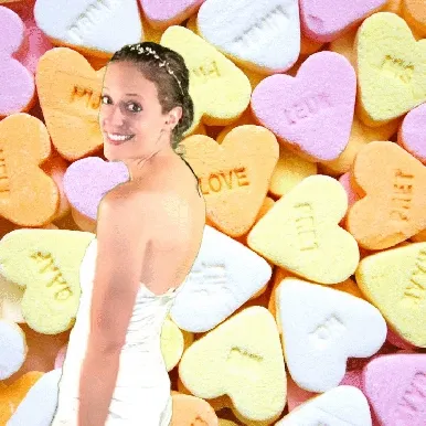 Candy Hearts Green Screen Backdrop Bride surrounded by colorful candy conversation hearts with text messages in pastel colors