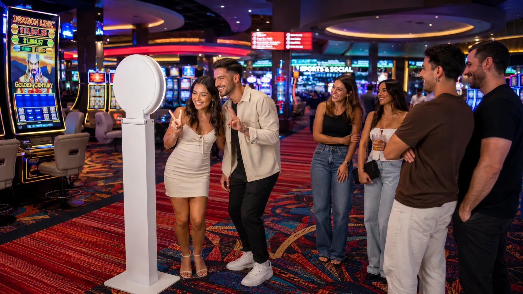 Casino Resort Photo Booth Activation Group of guests laughing at an OutSnapped photo booth on a casino floor with slot machines behind them