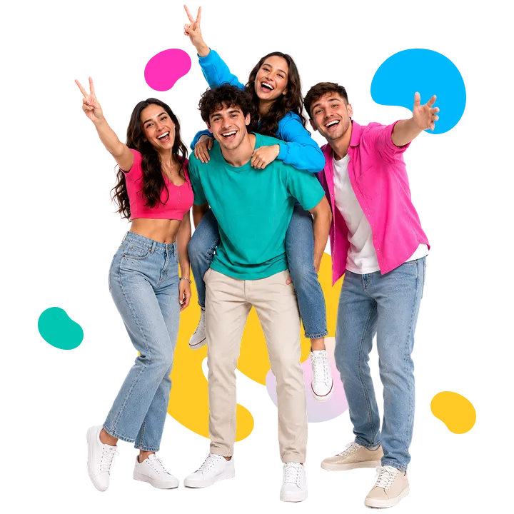 Four people celebrating with peace signs and colorful shapes