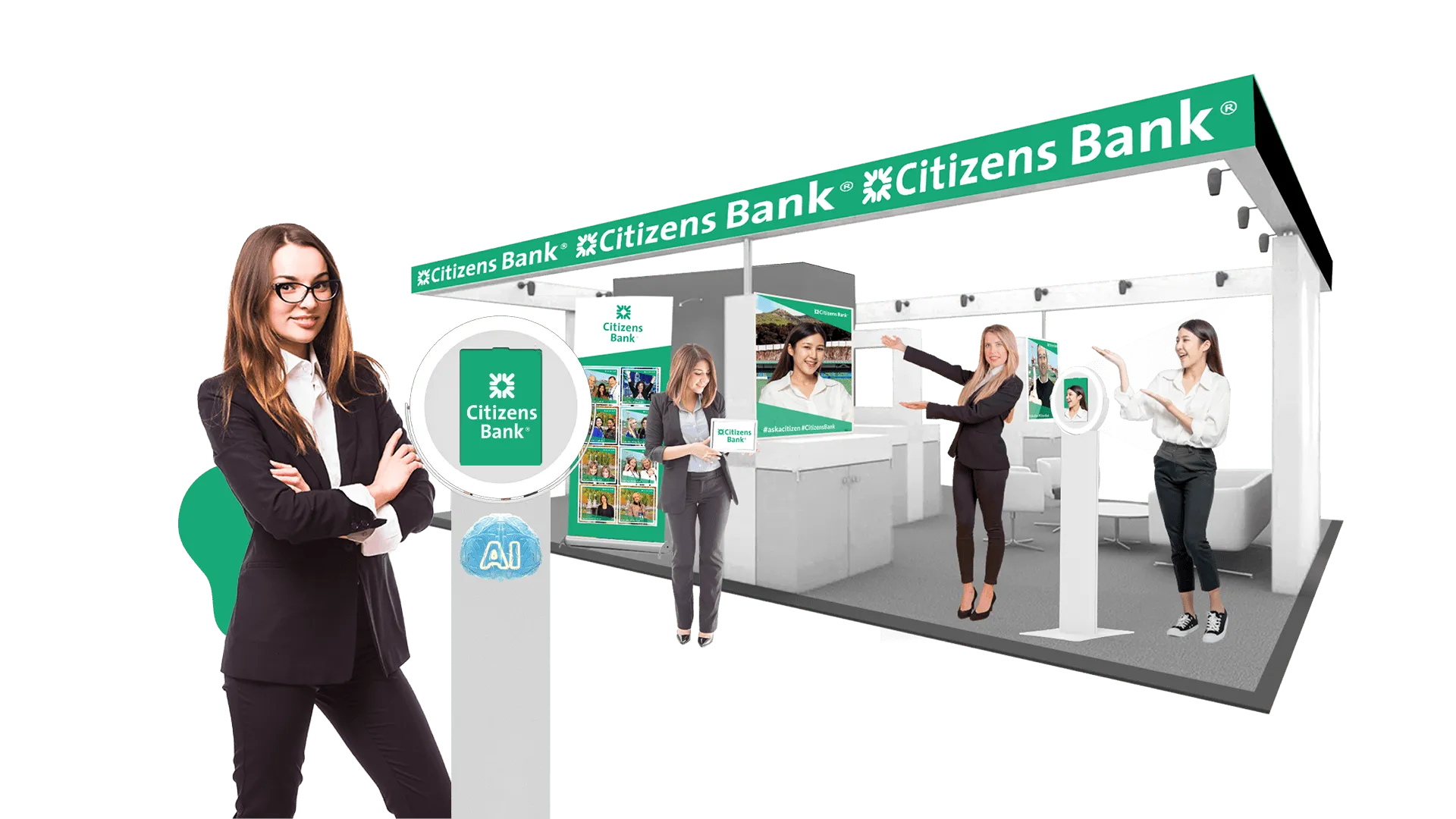 Citizens Bank trade show booth featuring branded green signage, interactive photo booth setup, and multiple attendees engaged with banking representatives and photo experience