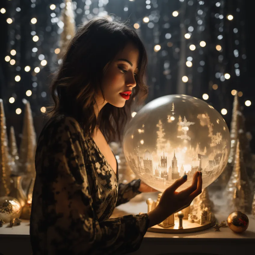 Woman with long dark hair holding illuminated snow globe with cityscape, bokeh lights