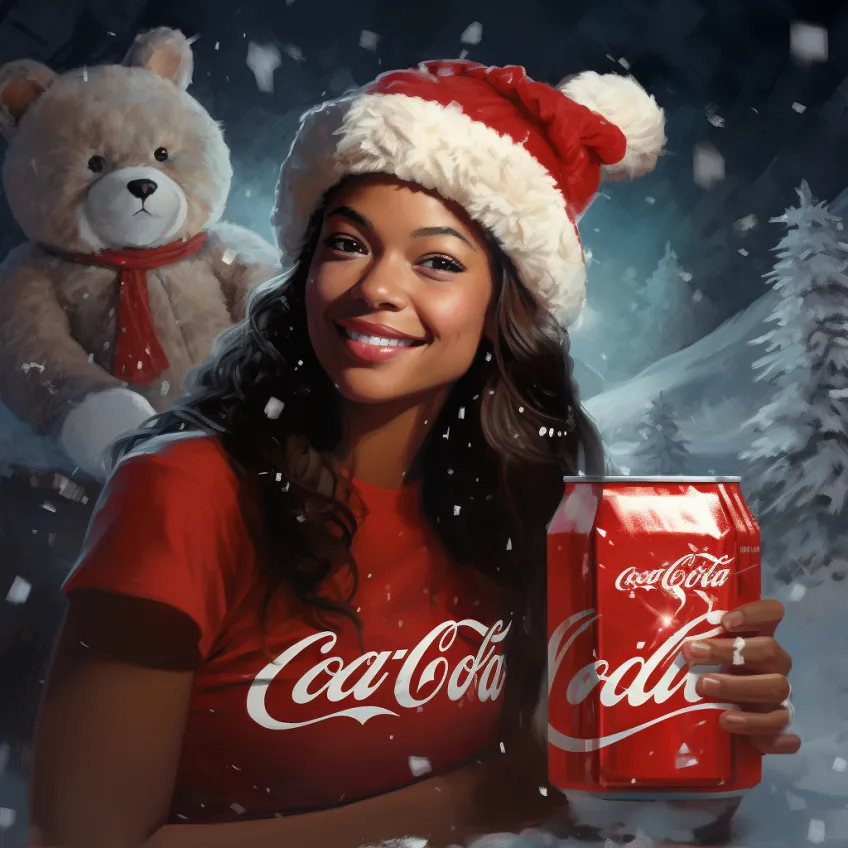 Woman in Santa hat wearing Coca-Cola shirt, holding red can, with teddy bear in snowy scene