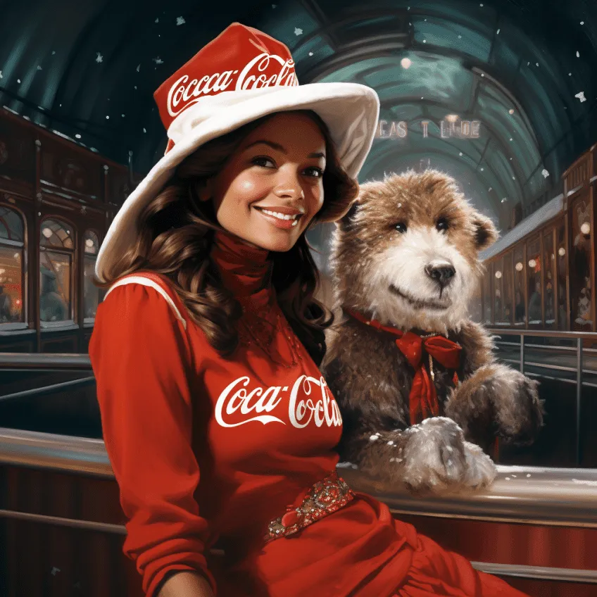 Woman in Coca-Cola branded hat and outfit with festive bear companion in snowy vintage street