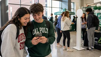 Two students smile while viewing photo booth prints at a university campus event, with other attendees and a white photo booth structure visible in the background.