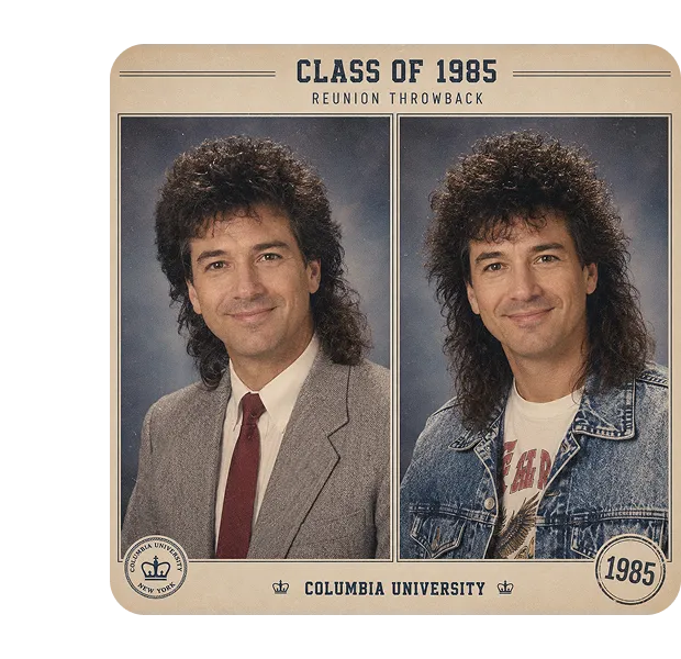 Class of 1985 Columbia University reunion throwback showing same person in formal blazer and tie on left, casual denim jacket on right