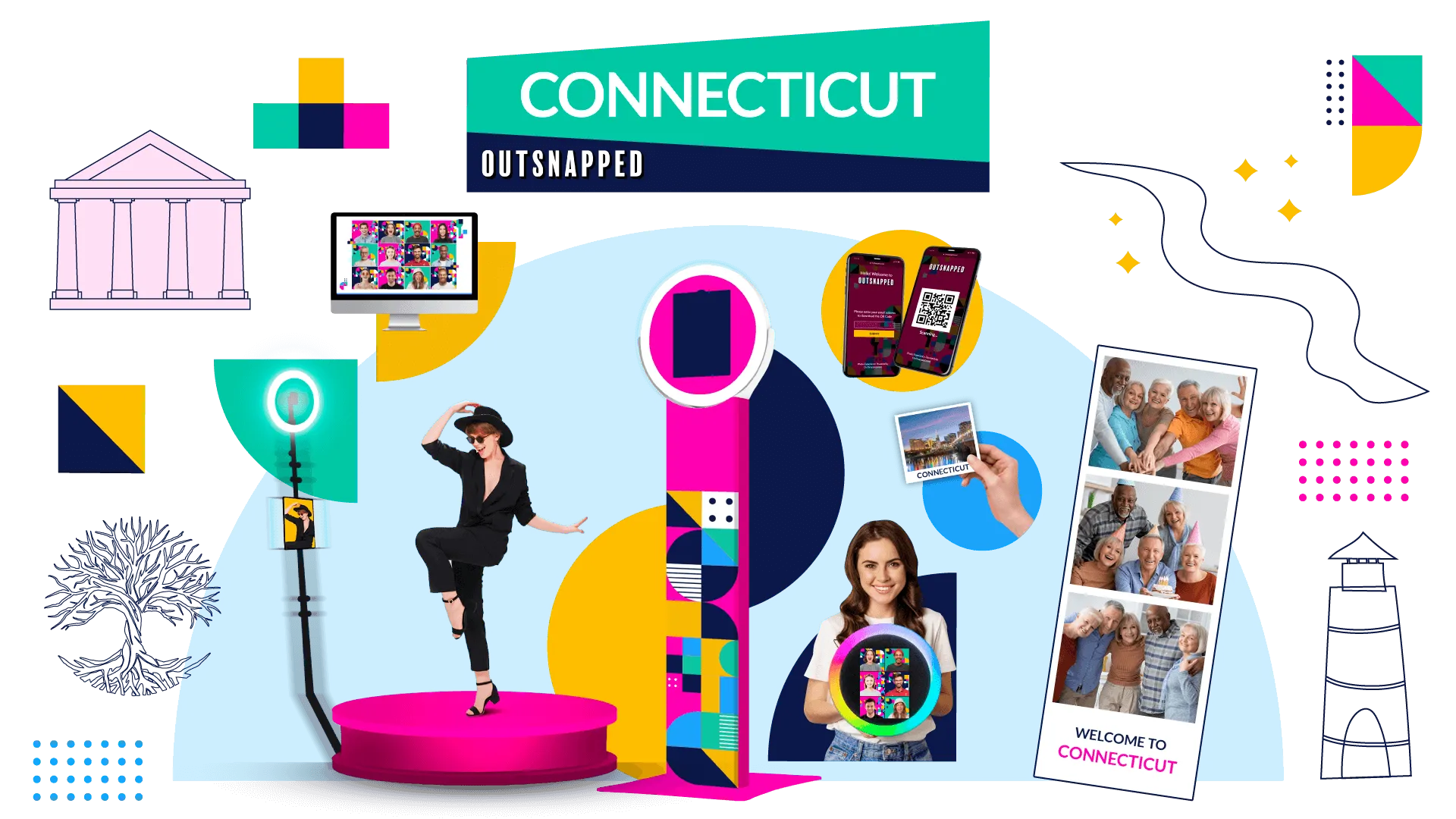OutSnapped photo booth rentals in Connecticut featuring colorful AI and open-air booth designs with people using interactive displays and photo strips