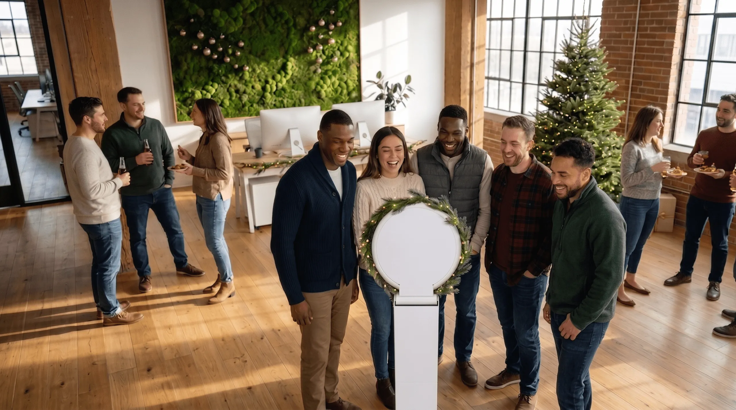 Holiday Party Photo Booth Experience Group of corporate event attendees gathered around a white FutureFoto open-air photo booth at an indoor venue with natural plant walls and industrial windows.
