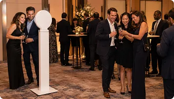Executive Client Event Photo Booth Experience Guests in formal attire at a corporate gala interact with a white FutureFoto open-air photo booth, holding drinks and smiling