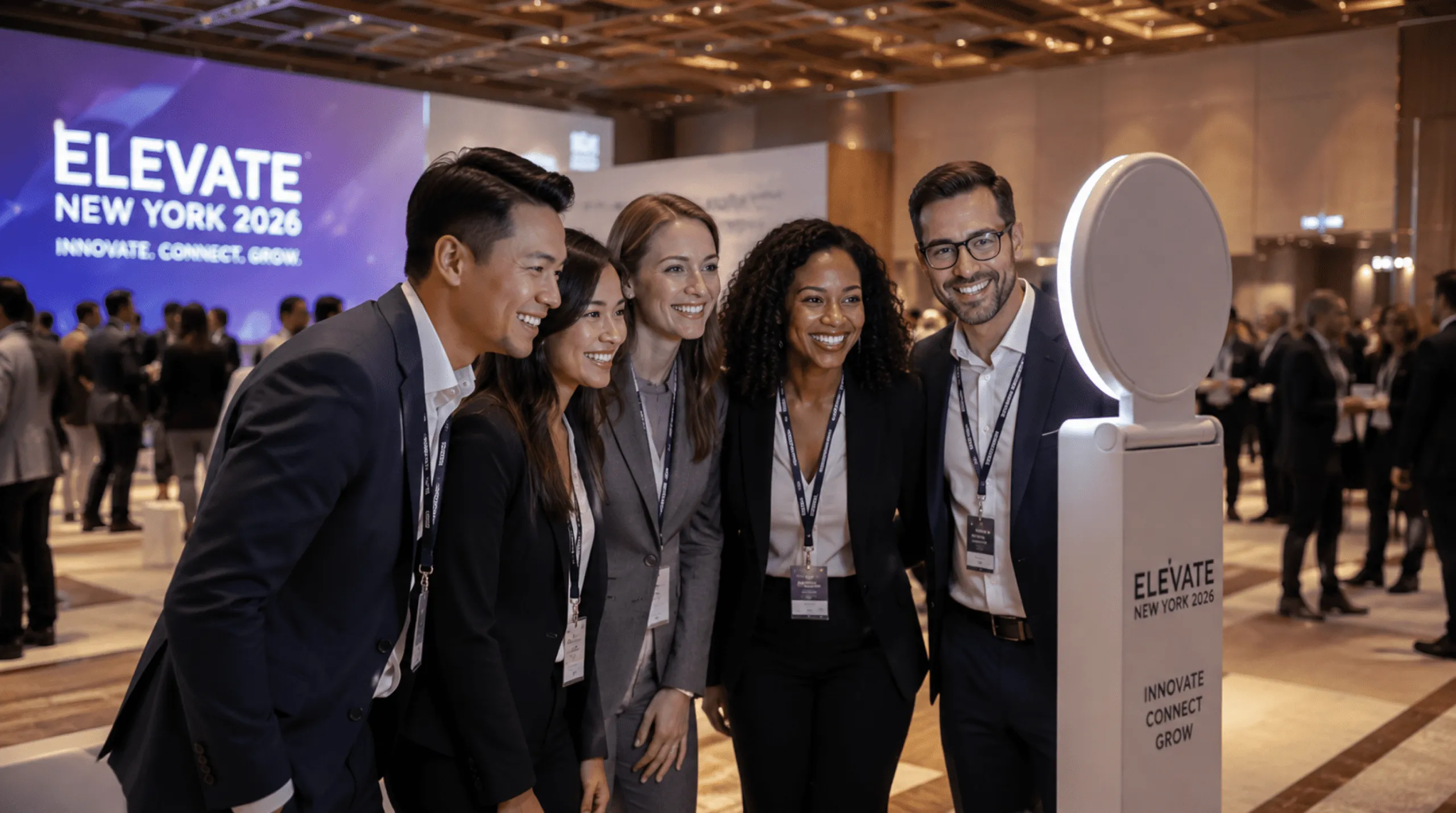 Corporate Conference Photo Booth Engagement Five professionals in business attire posing together at ELEVATE New York 2026 conference beside a white circular photo booth kiosk