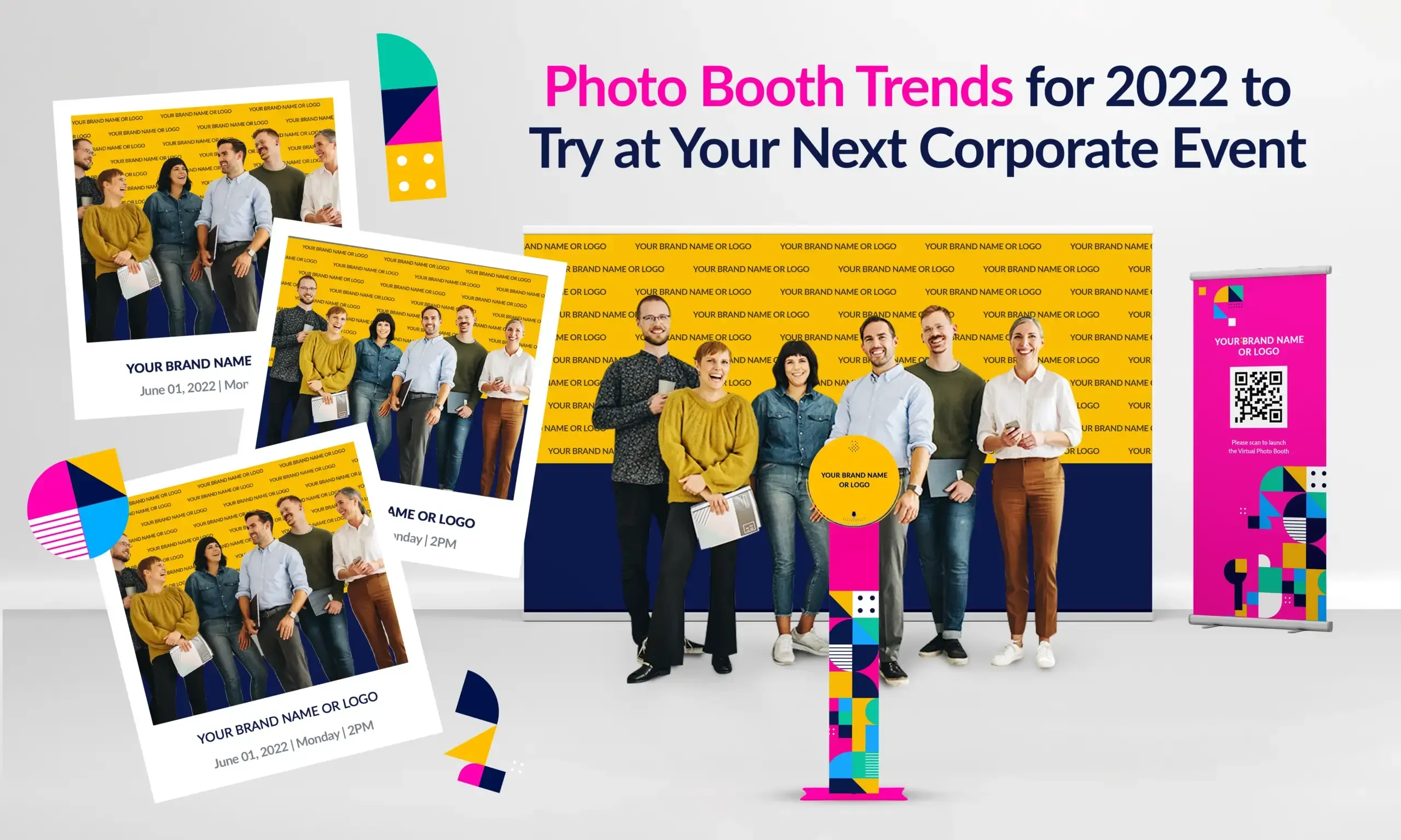 Group of professionals in yellow and dark clothing posing together at a corporate event, with printed photo booth images and colorful geometric design elements displayed around them.