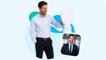 Professional man in business shirt with speech bubble graphic and geometric shapes