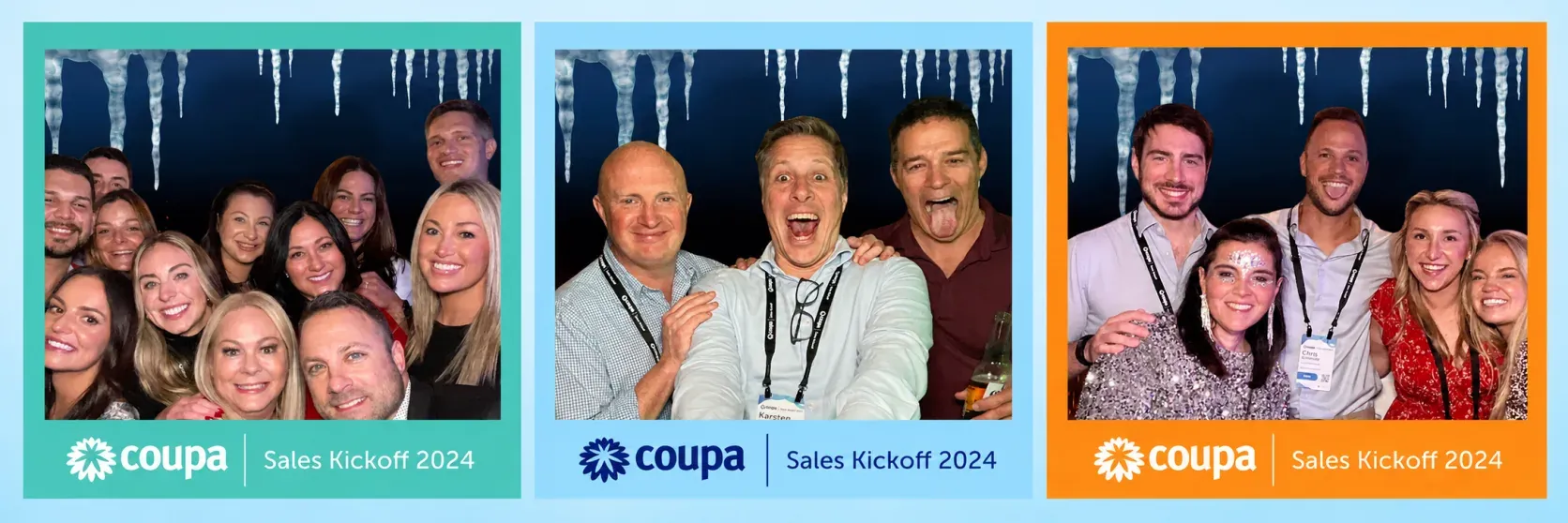Branded photo booth strip of coworkers posing together at the Coupa Sales Kickoff 2024